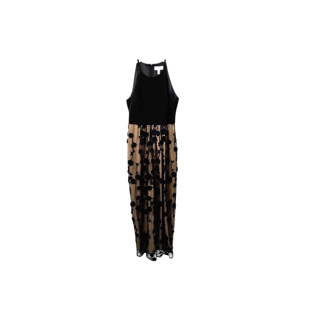 Belle Badgley Mischka Dress Size 6 Black Lace Overlay Tan Floral Skirt